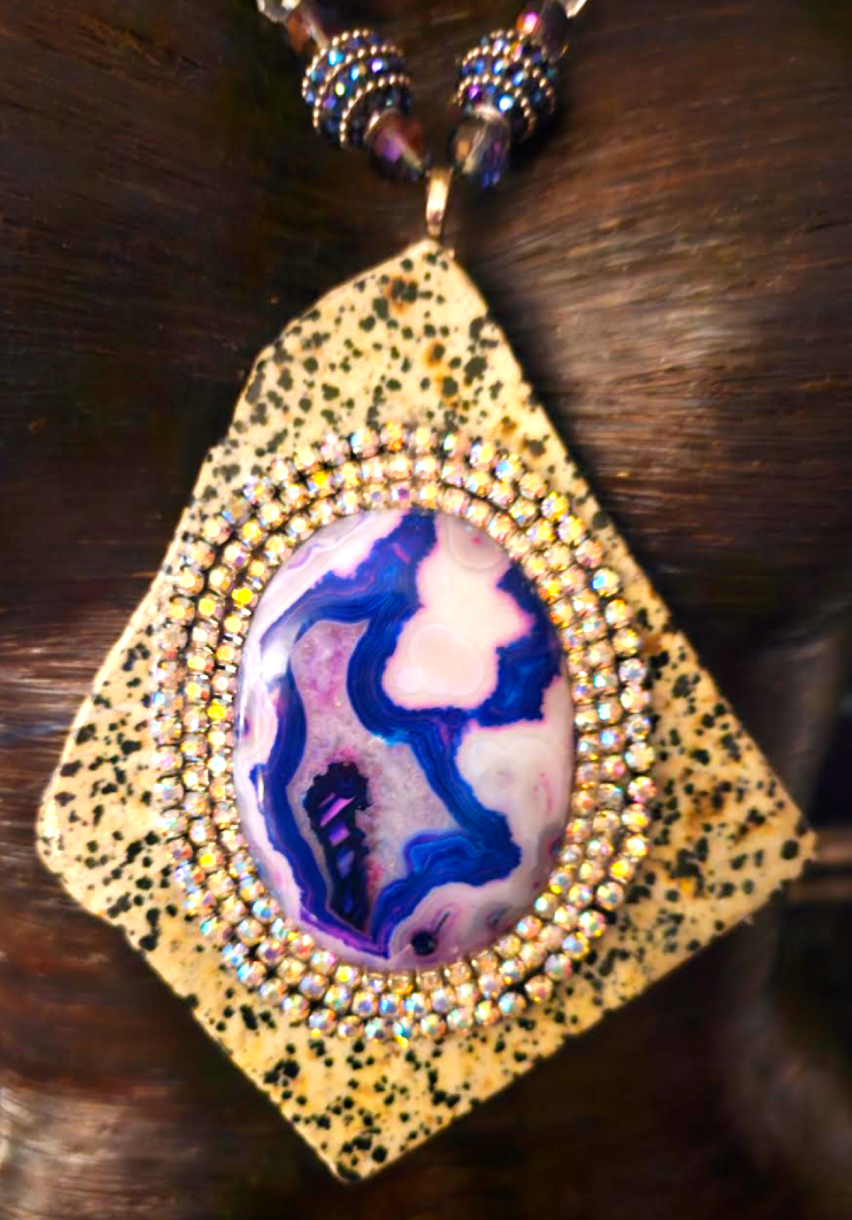 Dalmatian Jasper Slab Agate & Rhinestone Gemstone Pendant On a Jewel T