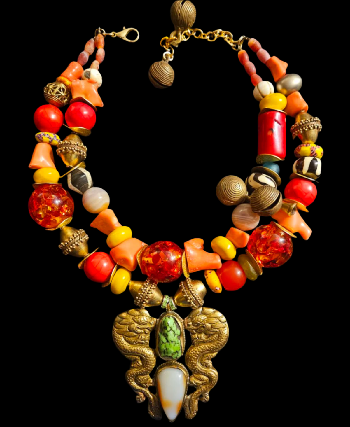 Two-Strand Tribal Beaded Statement Necklace – Repousse Dragon Pendant