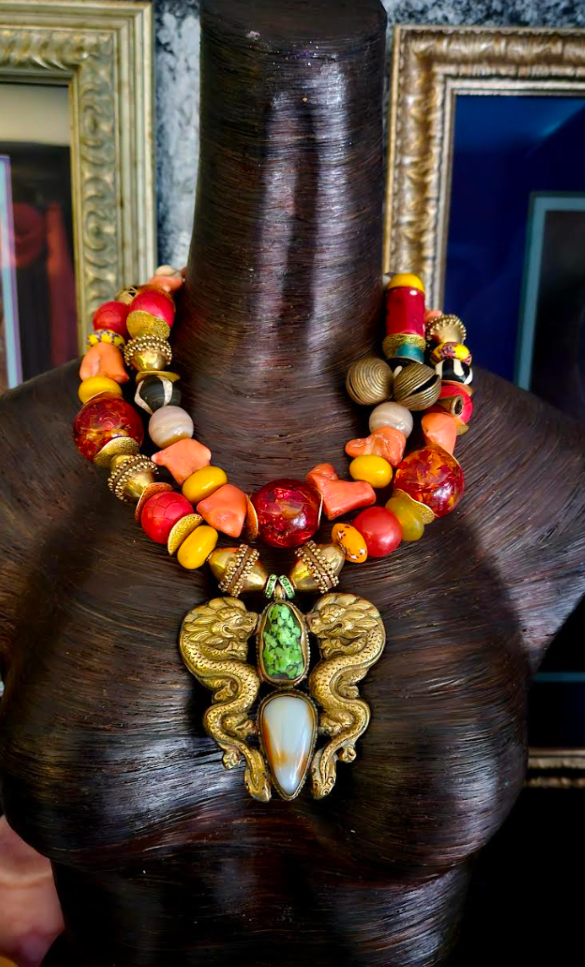 Two-Strand Tribal Beaded Statement Necklace – Repousse Dragon Pendant