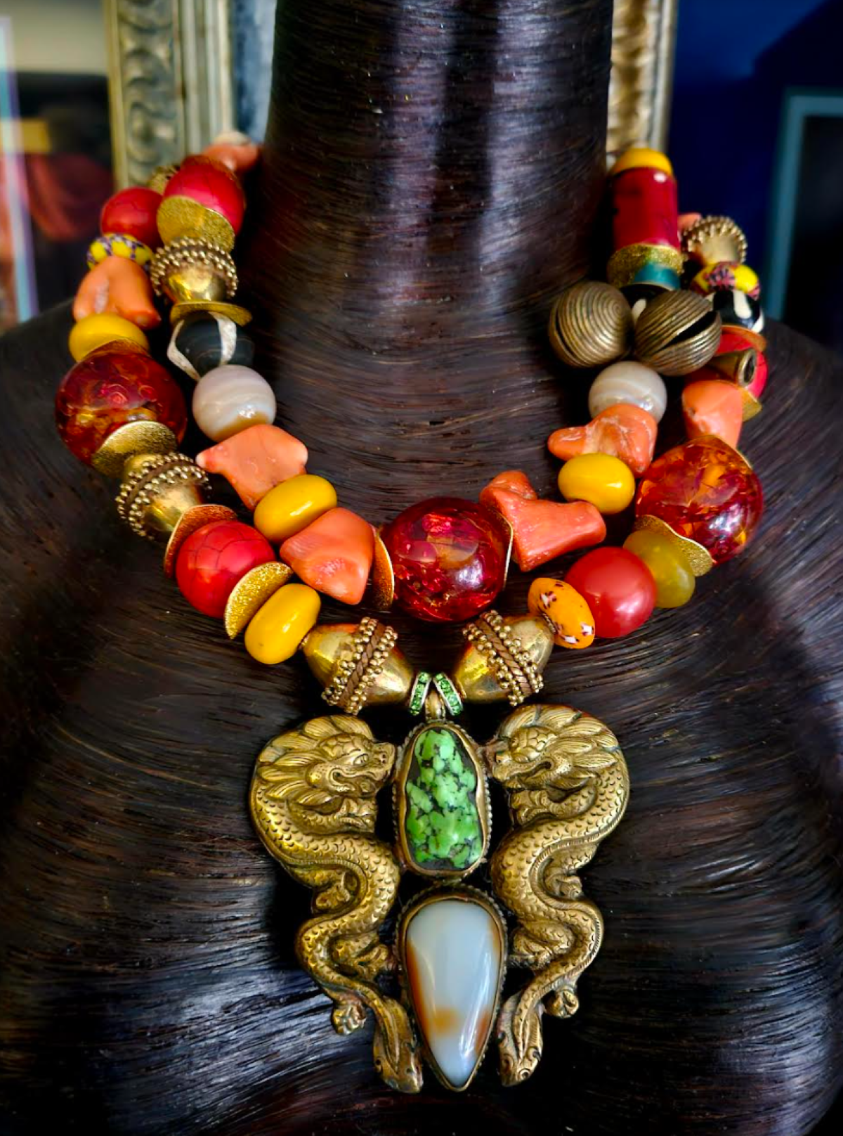 Two-Strand Tribal Beaded Statement Necklace – Repousse Dragon Pendant