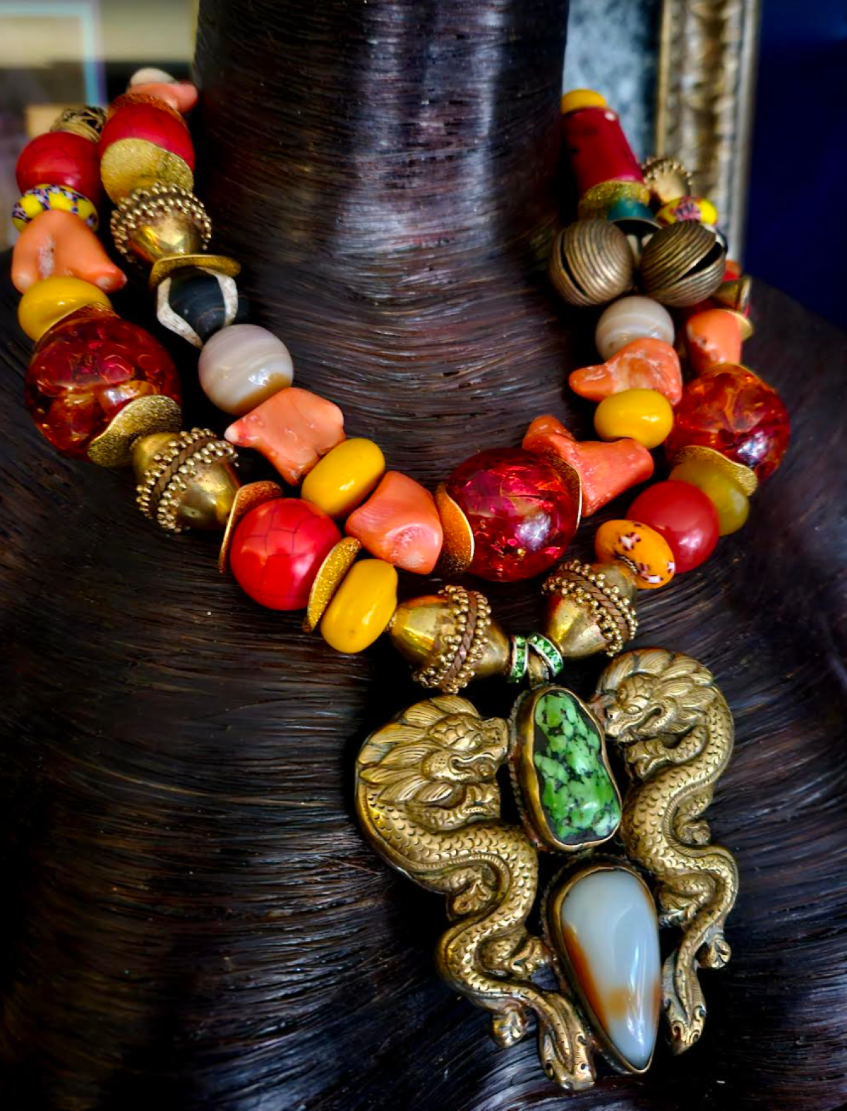 Two-Strand Tribal Beaded Statement Necklace – Repousse Dragon Pendant