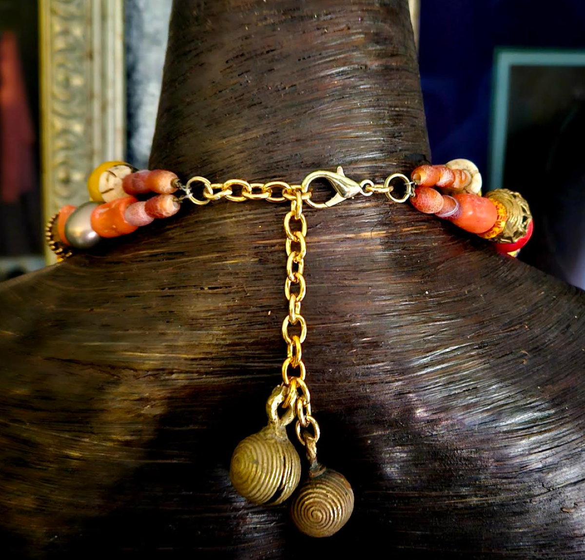 Two-Strand Tribal Beaded Statement Necklace – Repousse Dragon Pendant