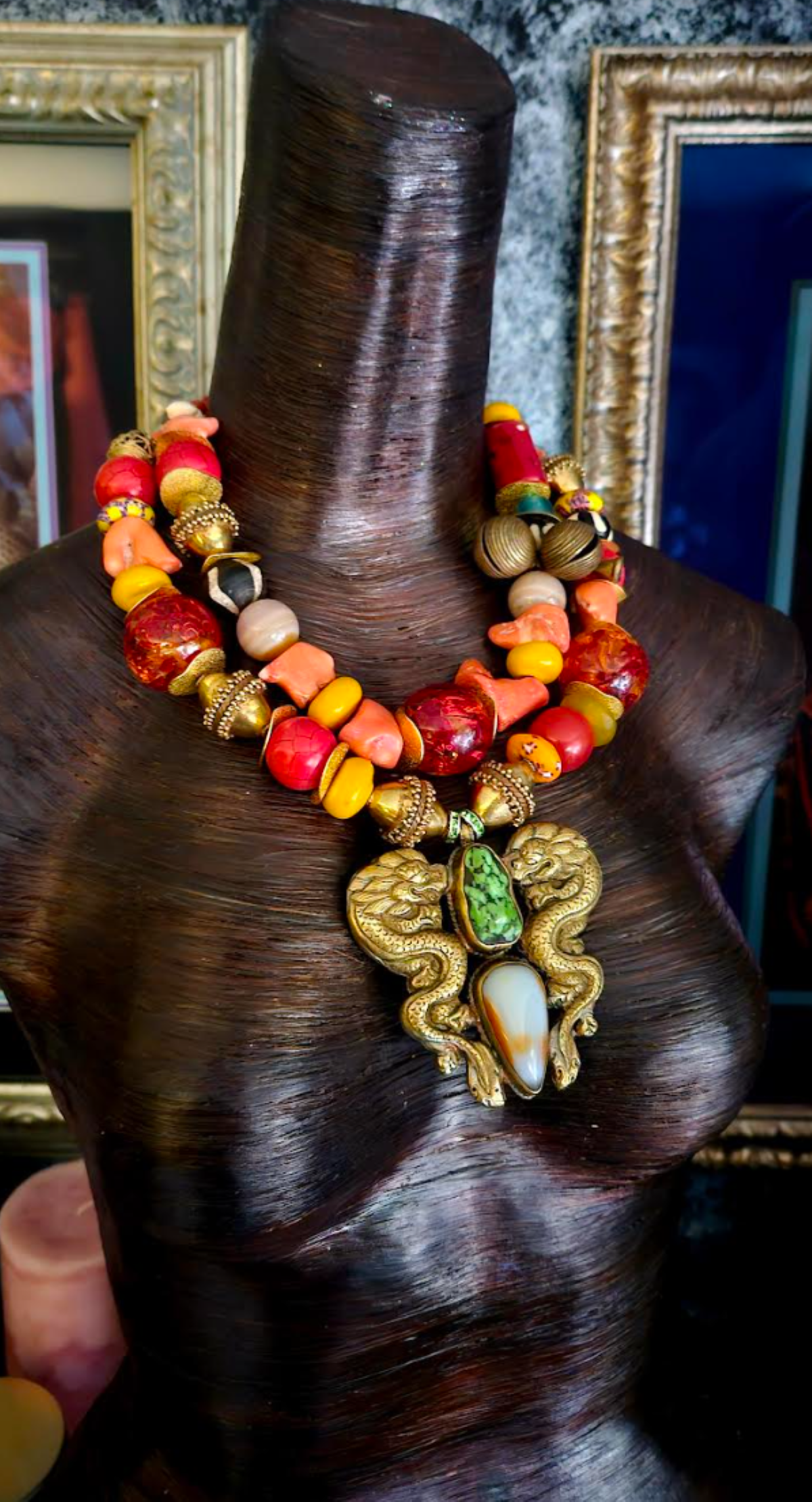 Two-Strand Tribal Beaded Statement Necklace – Repousse Dragon Pendant