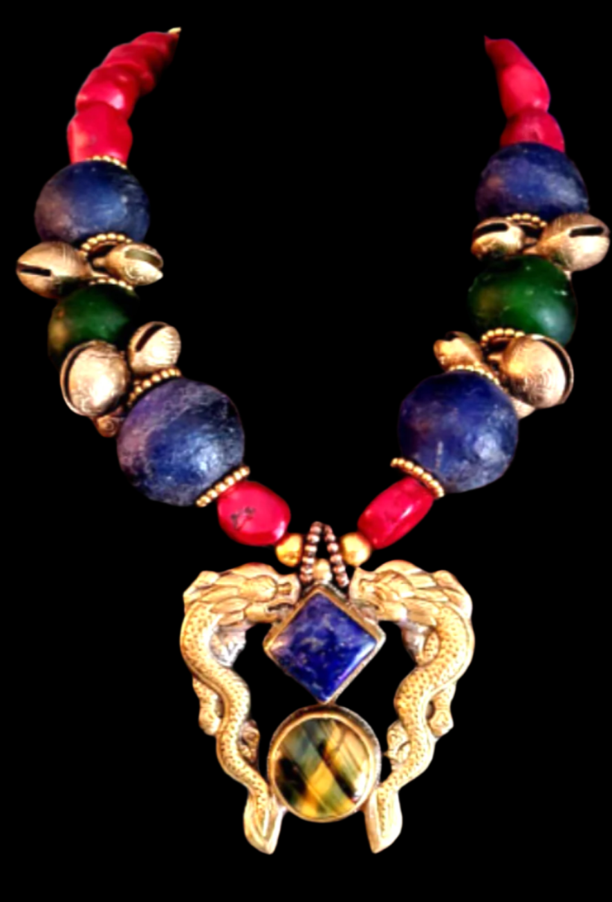 Luxury Tribal Beaded Statement Necklace - Double Dragon Brass Pendant