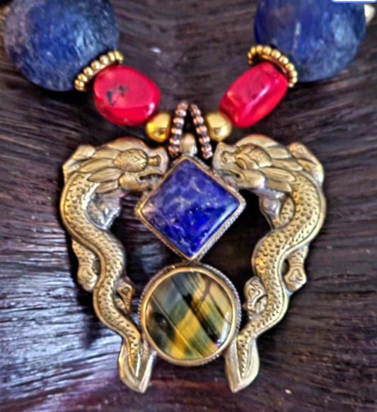 Luxury Tribal Beaded Statement Necklace - Double Dragon Brass Pendant