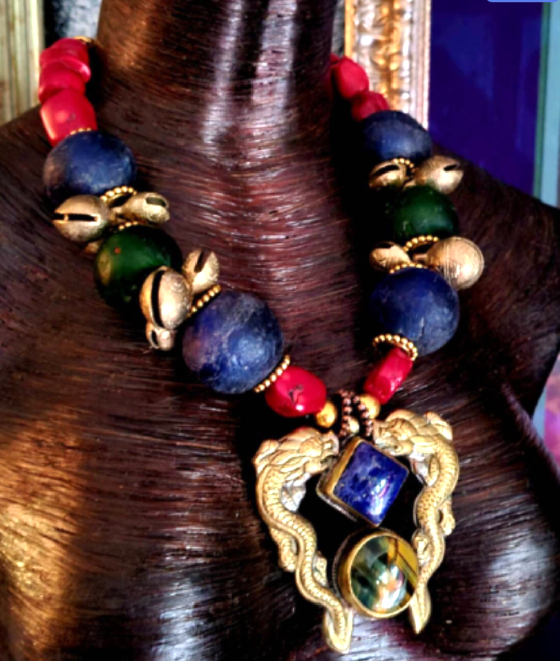 Luxury Tribal Beaded Statement Necklace - Double Dragon Brass Pendant