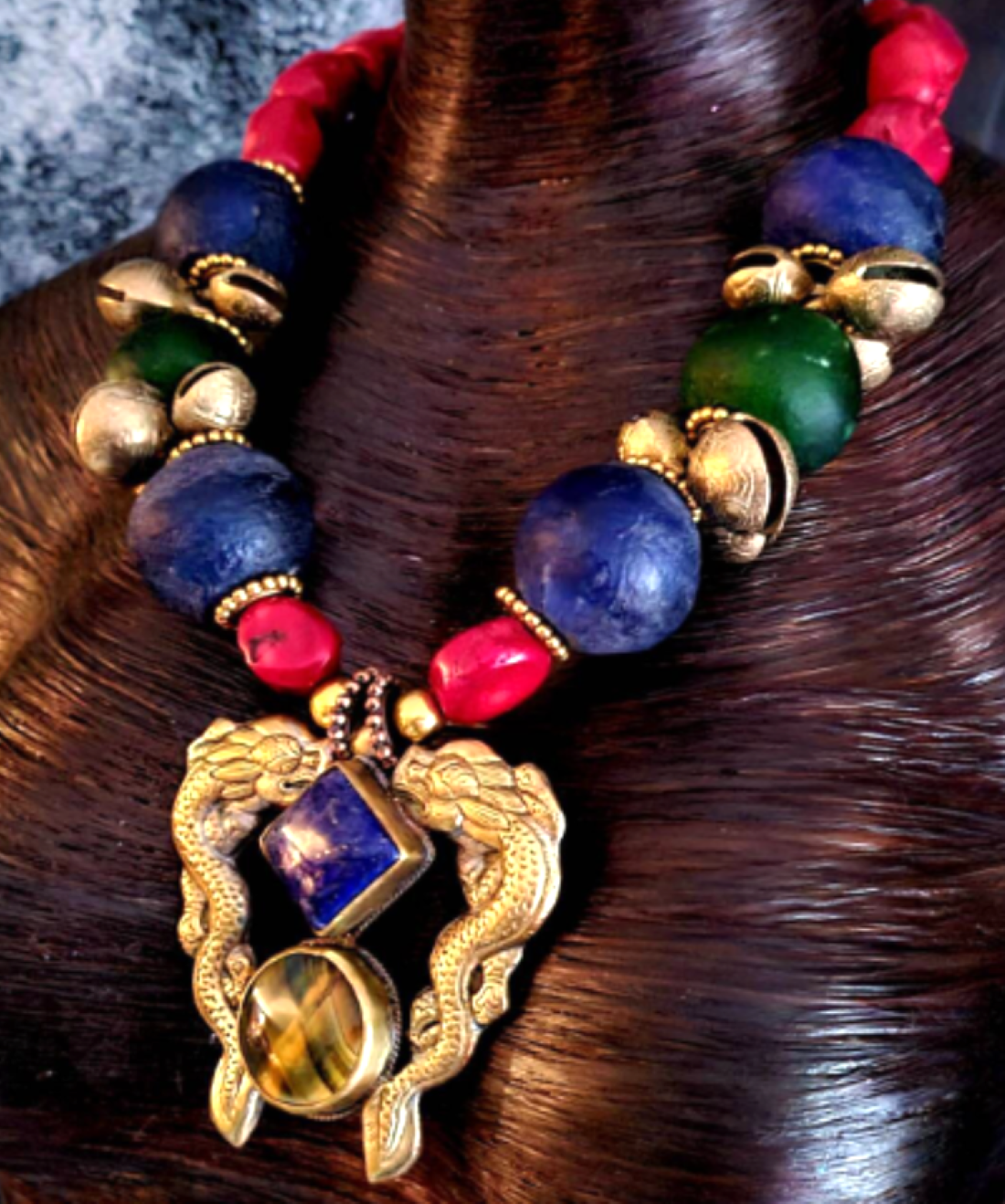 Luxury Tribal Beaded Statement Necklace - Double Dragon Brass Pendant