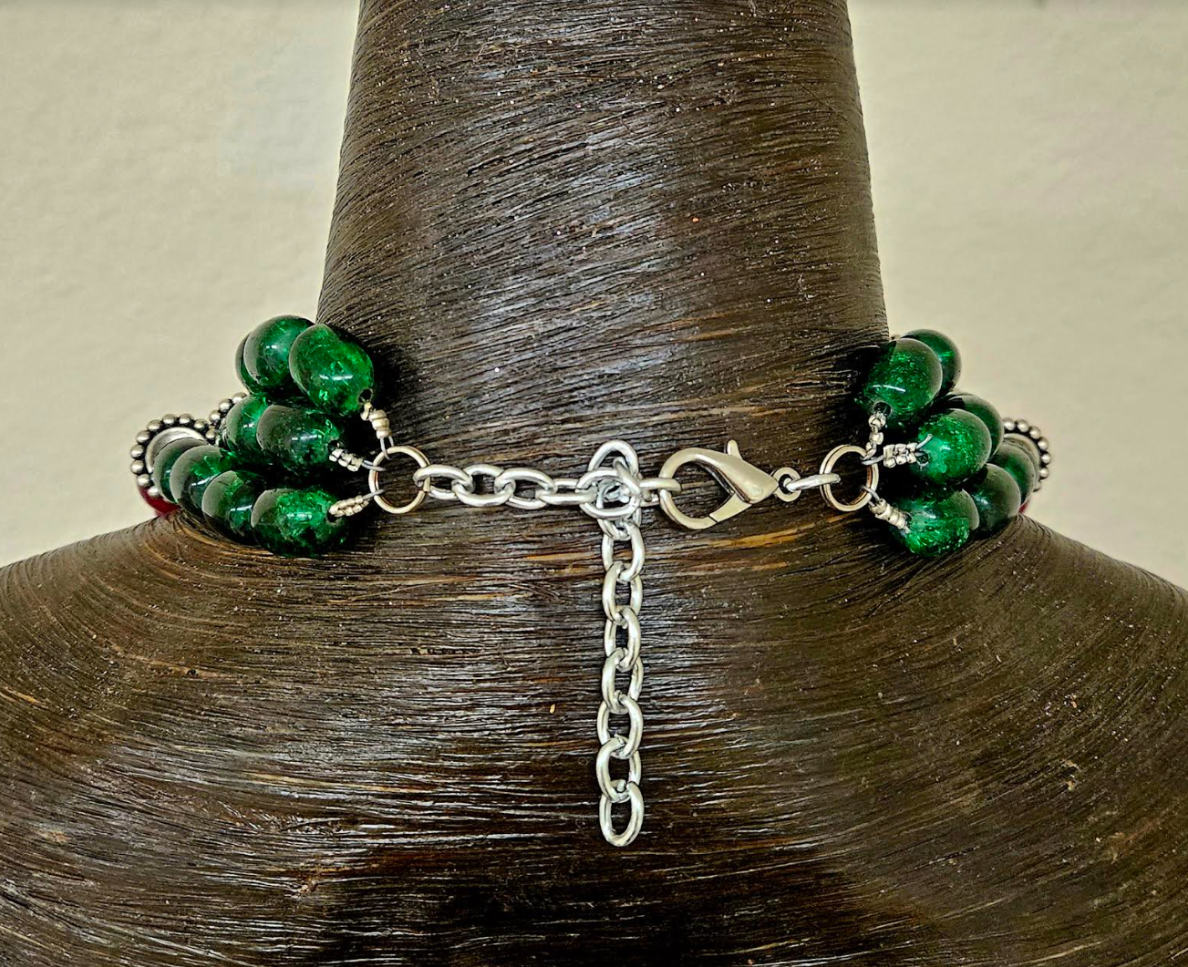 Ornate Tibetan Dragon Amulet & Multi Strand Onyx & Glass Statement Bib