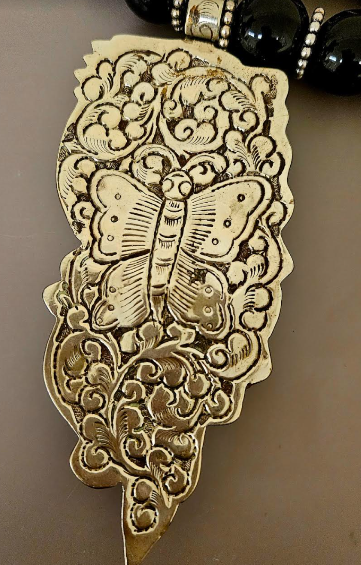 Ornate Tibetan Dragon Gemstone Pendant on Multi Strand Onyx & Glass Bi