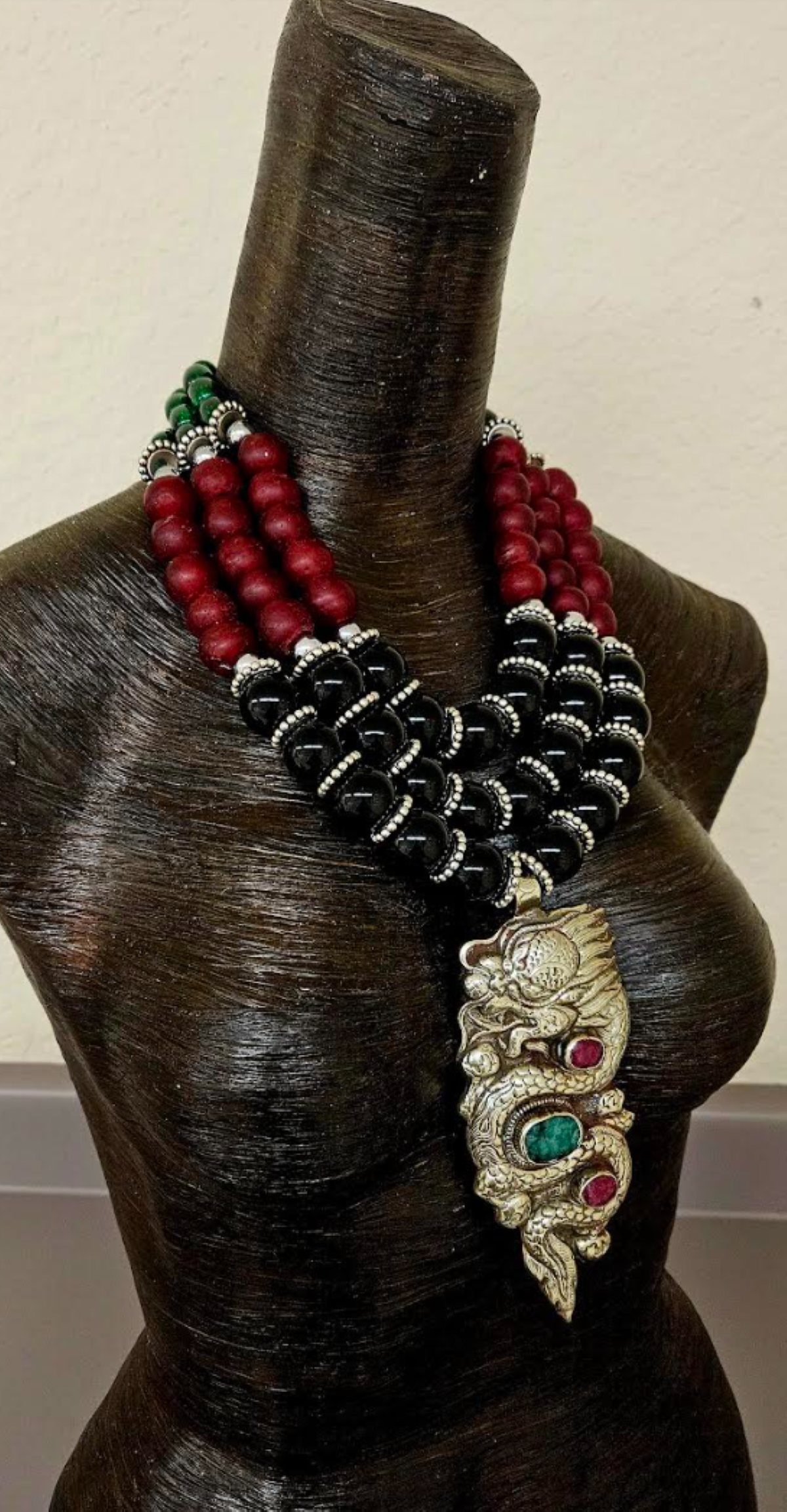 Ornate Tibetan Dragon Gemstone Pendant on Multi Strand Onyx & Glass Bi