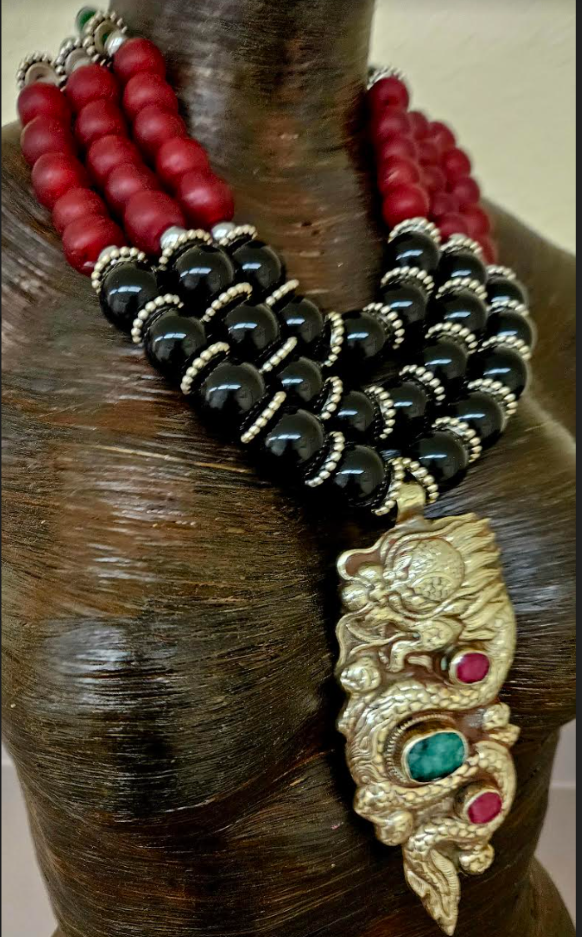 Ornate Tibetan Dragon Gemstone Pendant on Multi Strand Onyx & Glass Bi