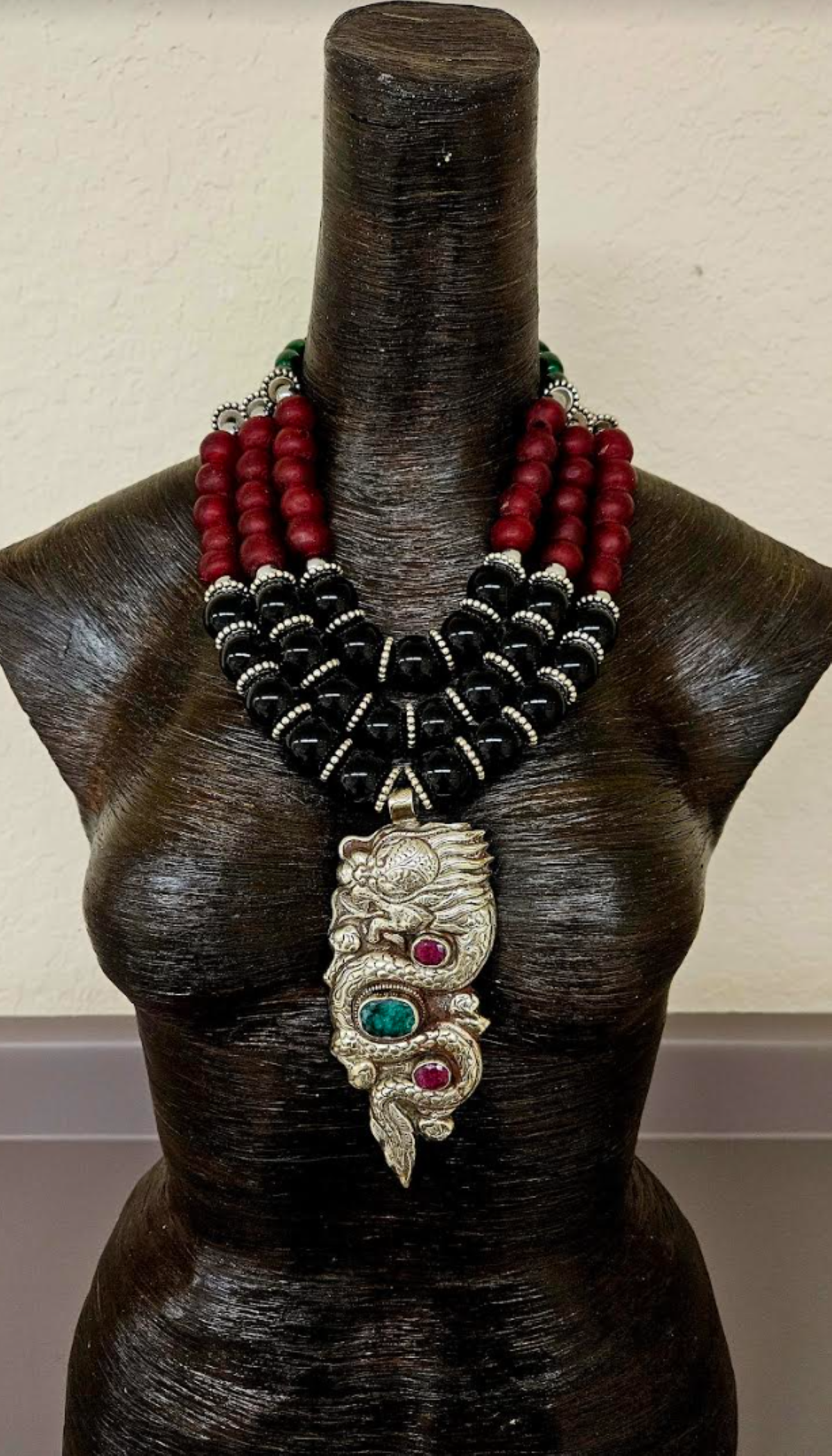 Ornate Tibetan Dragon Gemstone Pendant on Multi Strand Onyx & Glass Bi