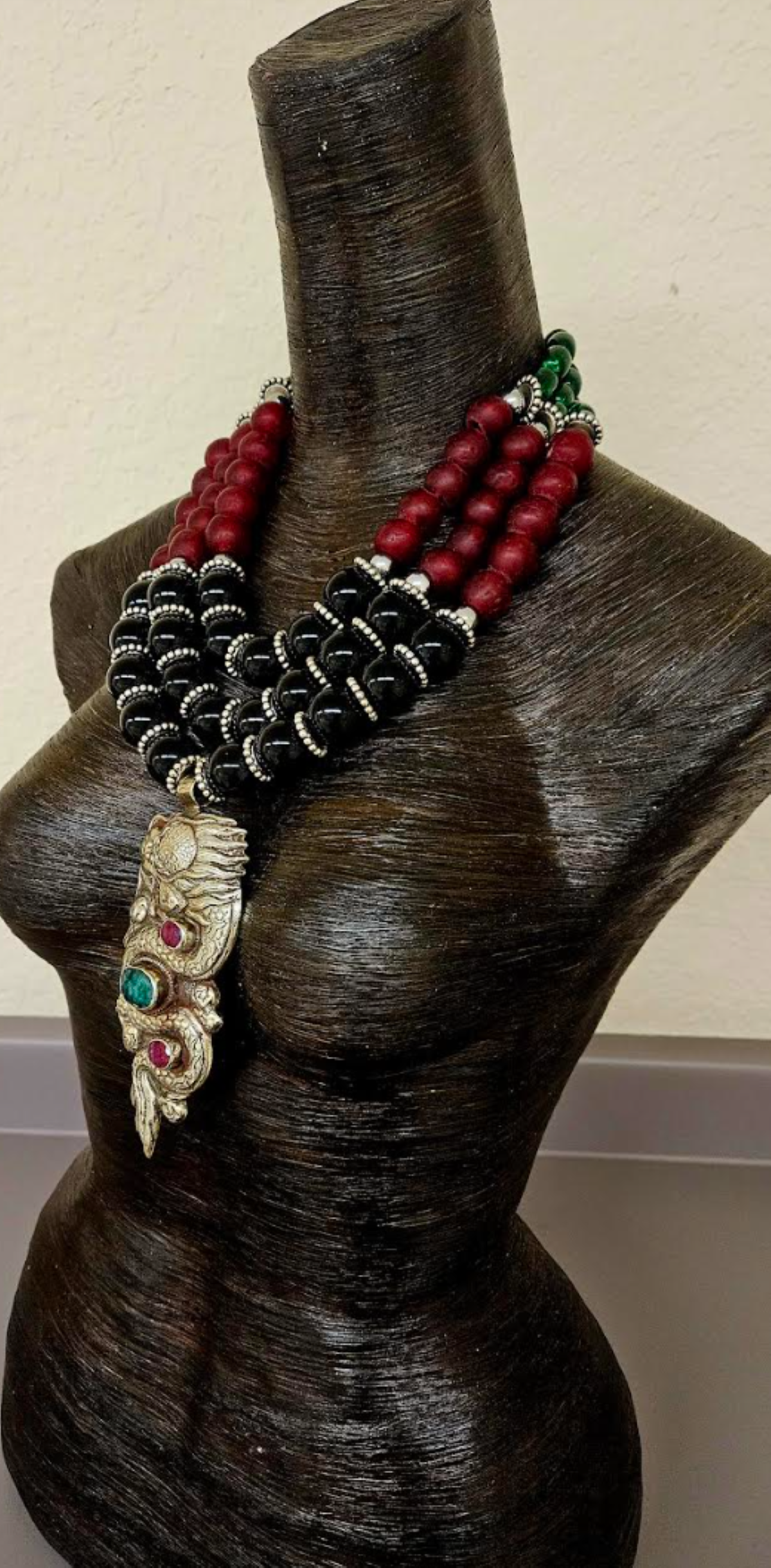 Ornate Tibetan Dragon Gemstone Pendant on Multi Strand Onyx & Glass Bi