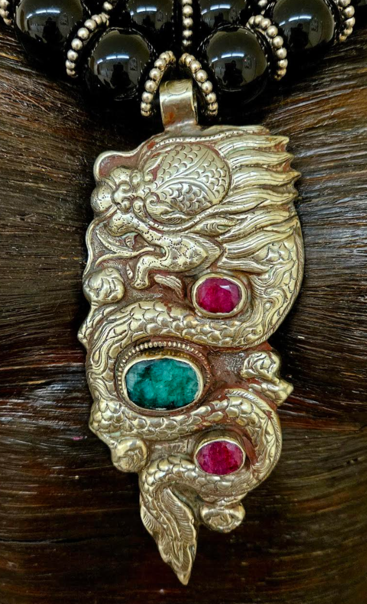 Ornate Tibetan Dragon Gemstone Pendant on Multi Strand Onyx & Glass Bi