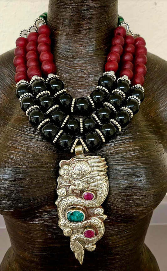Ornate Tibetan Dragon Amulet & Multi Strand Onyx & Glass Statement Bib