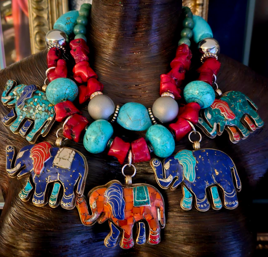Multi Tibetan Elephant Pendant Gemstone Statement Whimsical Necklace