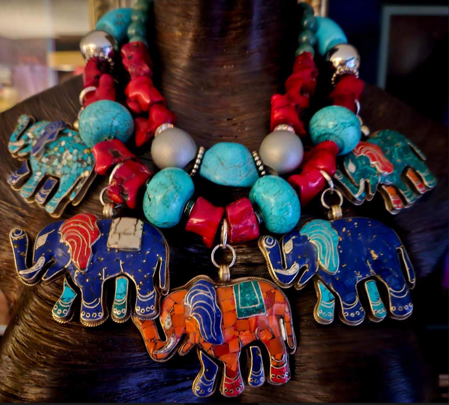 Multi Tibetan Elephant Pendant Gemstone Statement Whimsical Necklace
