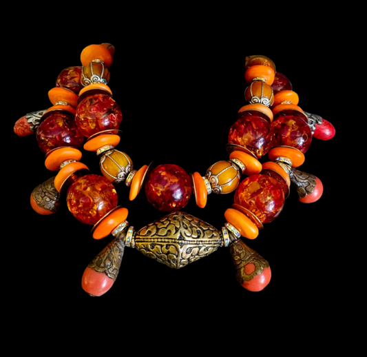 Tribal Couture Necklace with Faux Amber Resin Tibetan Accent Beads