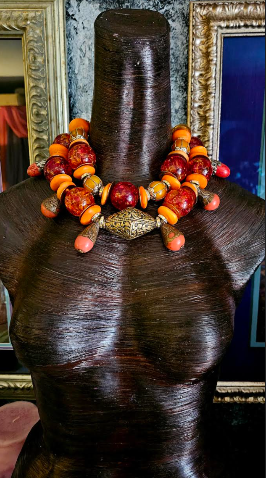 Tribal Couture Necklace with Faux Amber Resin Tibetan Accent Beads