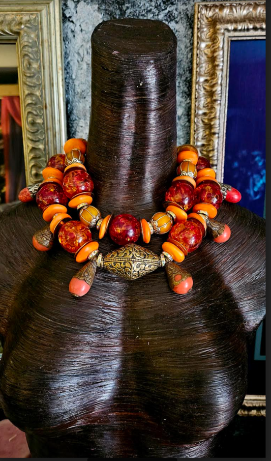 Tribal Couture Necklace with Faux Amber Resin Tibetan Accent Beads