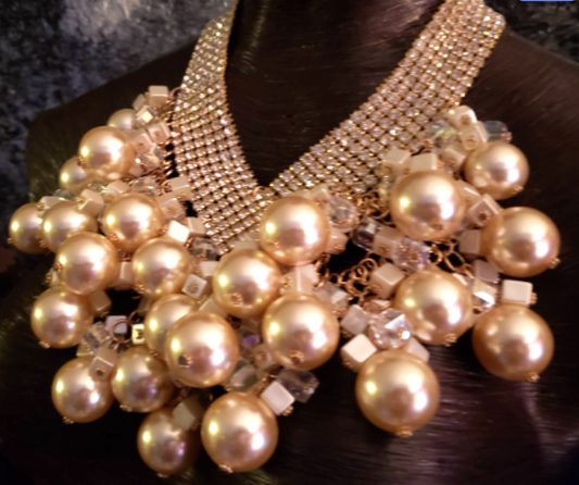 Vintage Faux Pearl & Rhinestone Bib Luxury Necklace, Old Hollywood Gla