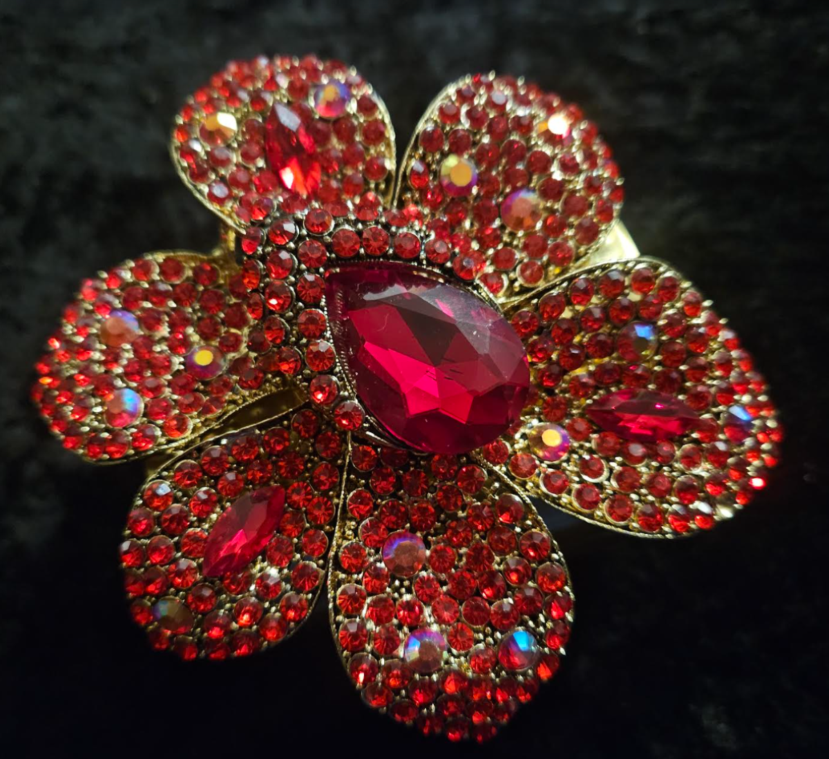 Red Rhinestone Flower Wide Brass Statement Cuff - Bling Bangle