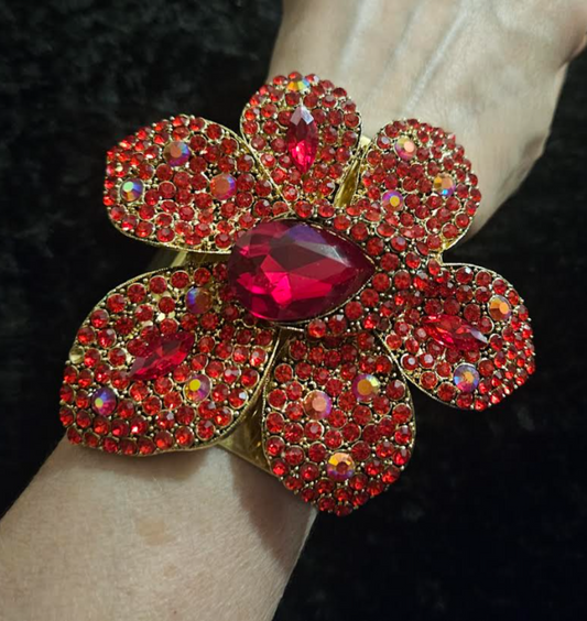 Red Rhinestone Flower Wide Brass Statement Cuff - Bling Bangle
