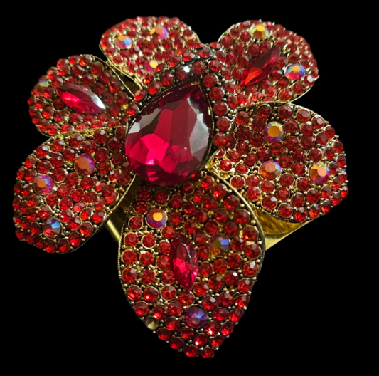 Red Rhinestone Flower Wide Brass Statement Cuff - Bling Bangle