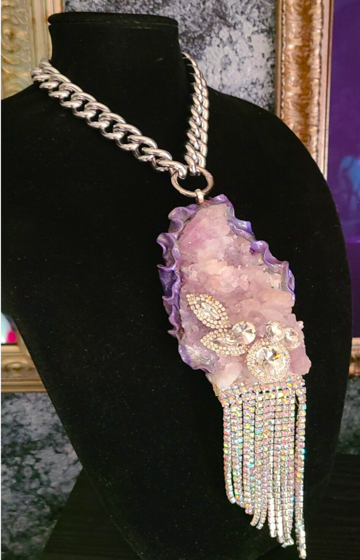 Rare Rough Amethyst Flower Quartz & Rhinestone Statement Pendant