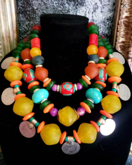 Oversized Beaded Mixed Media Tribal Statement Necklace & Kuchi Coins