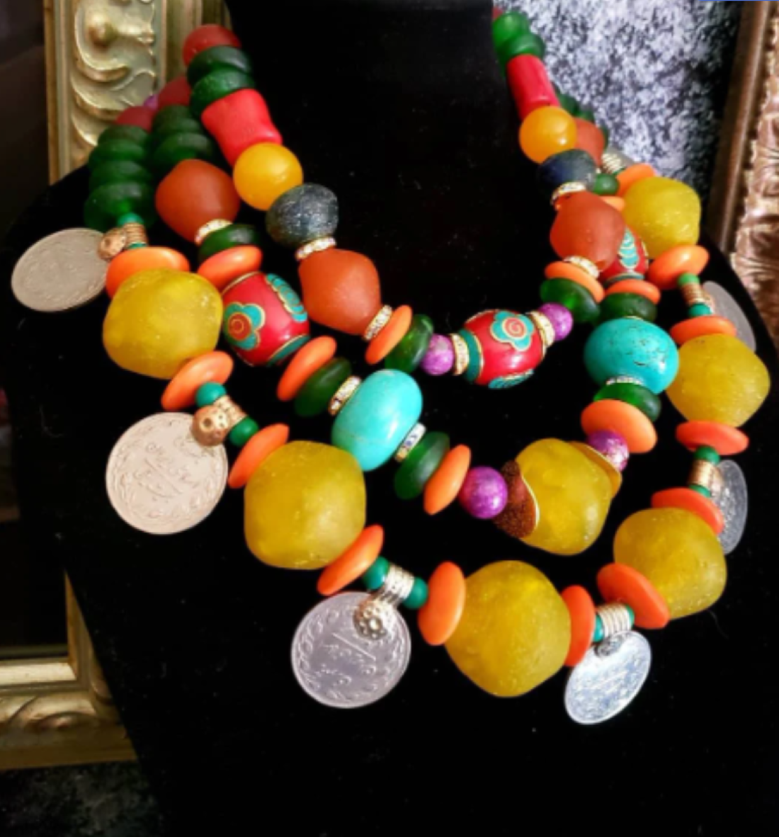 Oversized Beaded Mixed Media Tribal Statement Necklace & Kuchi Coins