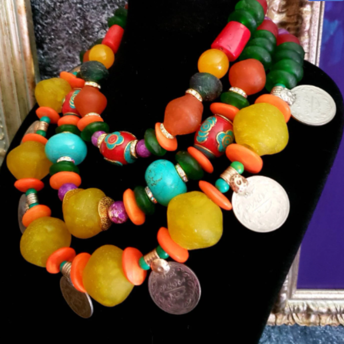 Oversized Beaded Mixed Media Tribal Statement Necklace & Kuchi Coins