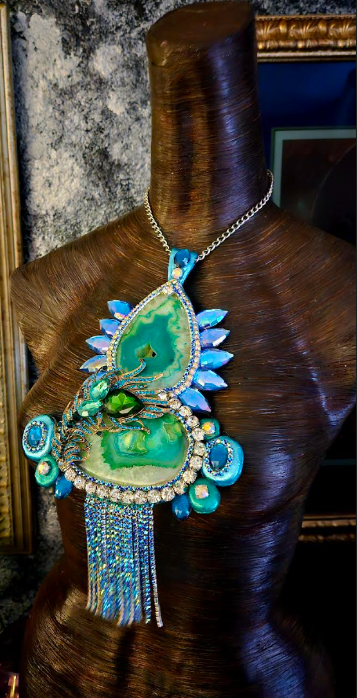 Art Deco Sculpted Crystal & Rhinestone Agate Pendant - Super Sexy Bling