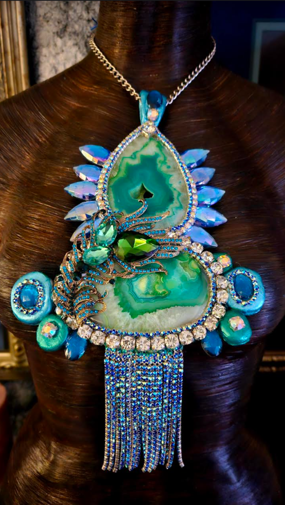 Art Deco Sculpted Crystal & Rhinestone Agate Pendant - Super Sexy Bling
