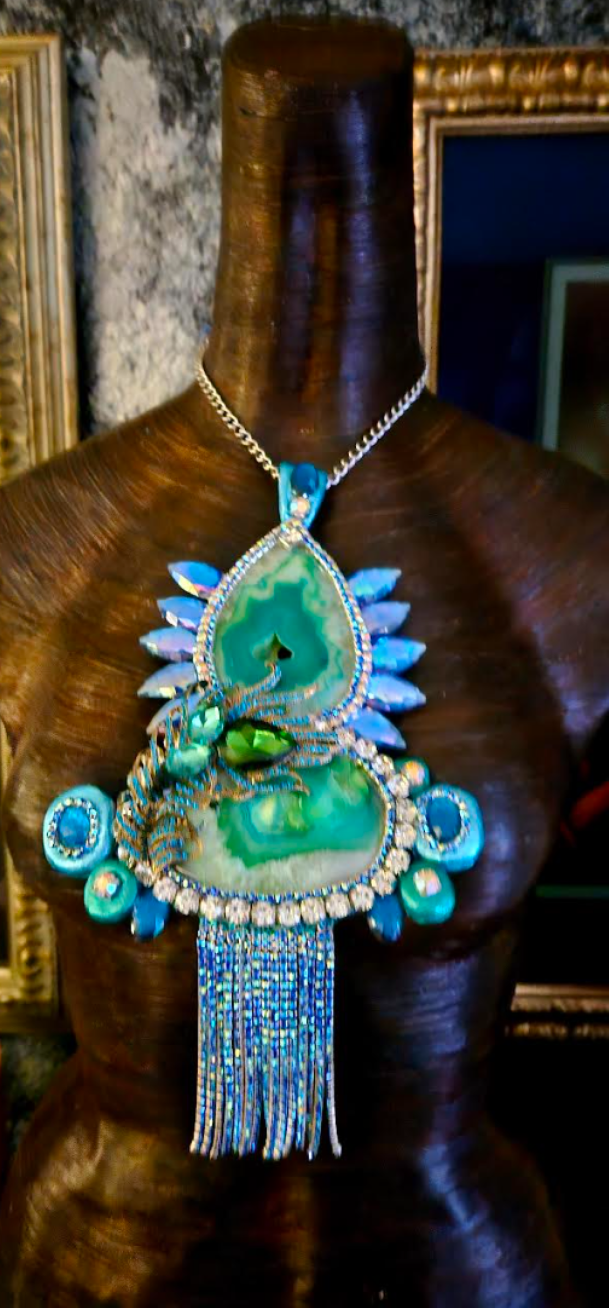 Art Deco Sculpted Crystal & Rhinestone Agate Pendant - Super Sexy Bling