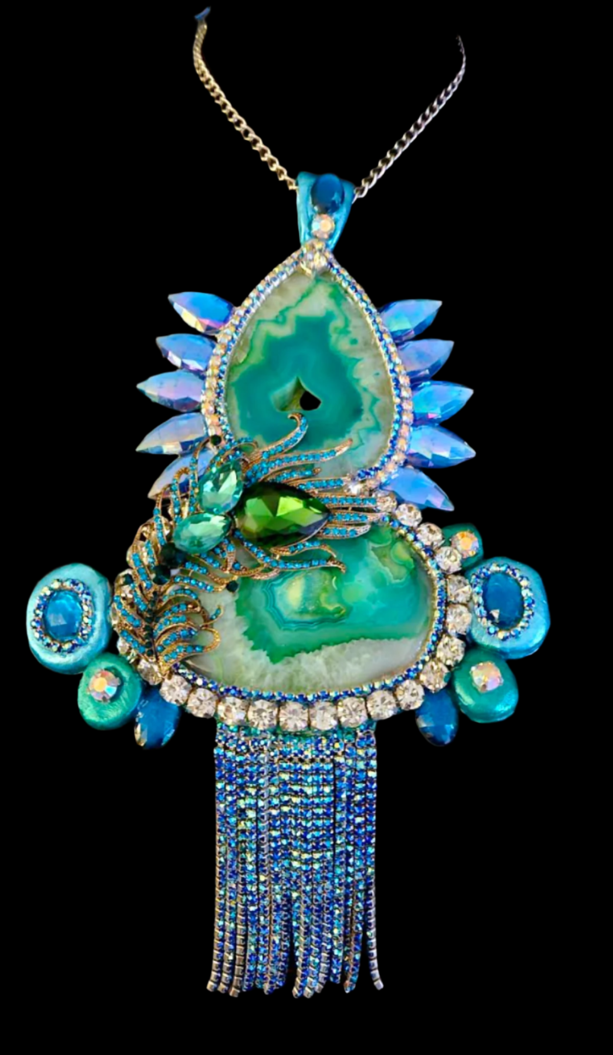 Art Deco Sculpted Crystal & Rhinestone Agate Pendant - Super Sexy Bling