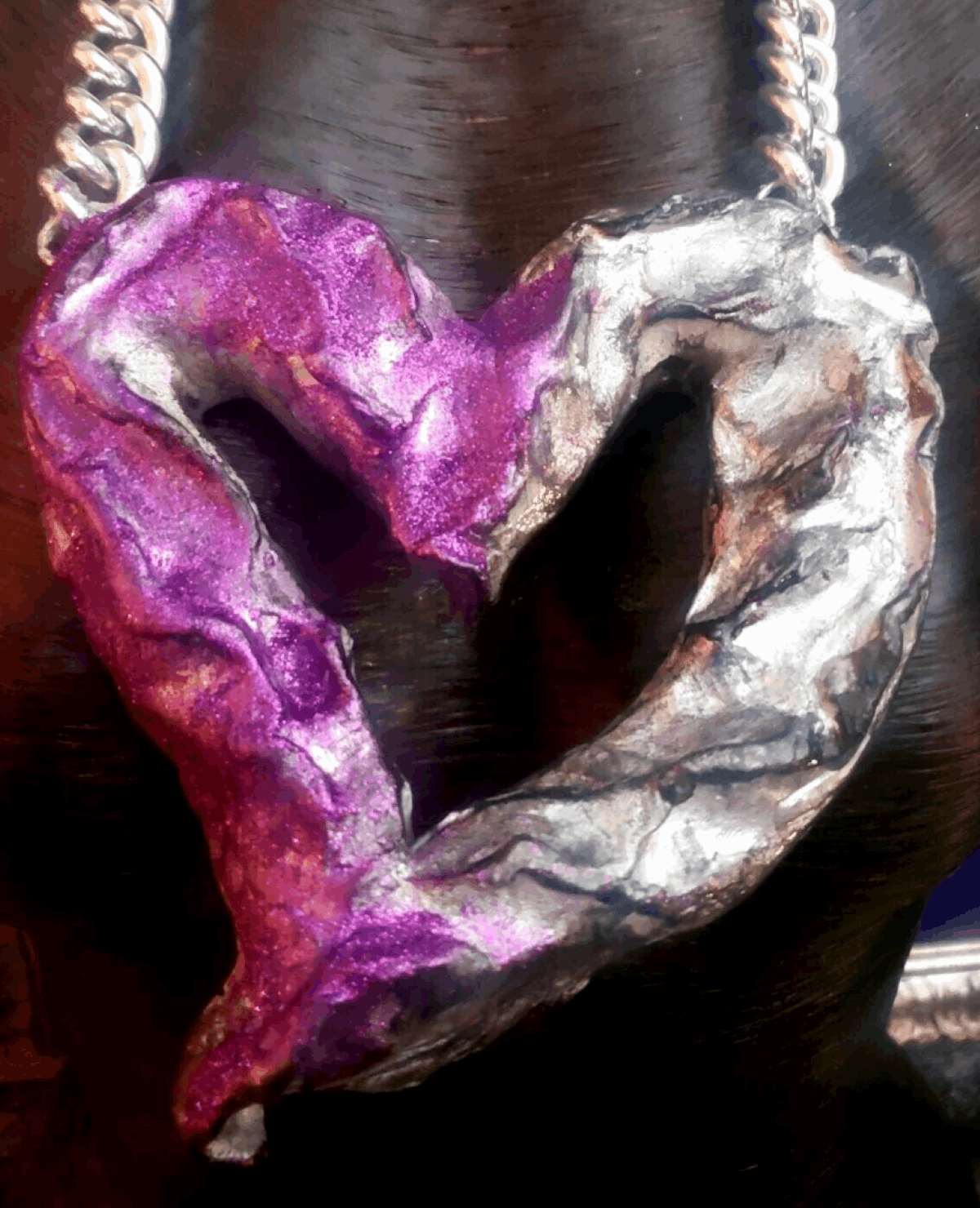 Avant Garde Sculpted Huge Heart Statement Pendant, Purple & Silver Love Chest Piece, Soul Talisman