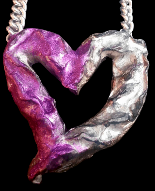 Avant Garde Sculpted Huge Heart Statement Pendant, Purple & Silver Love Chest Piece, Soul Talisman