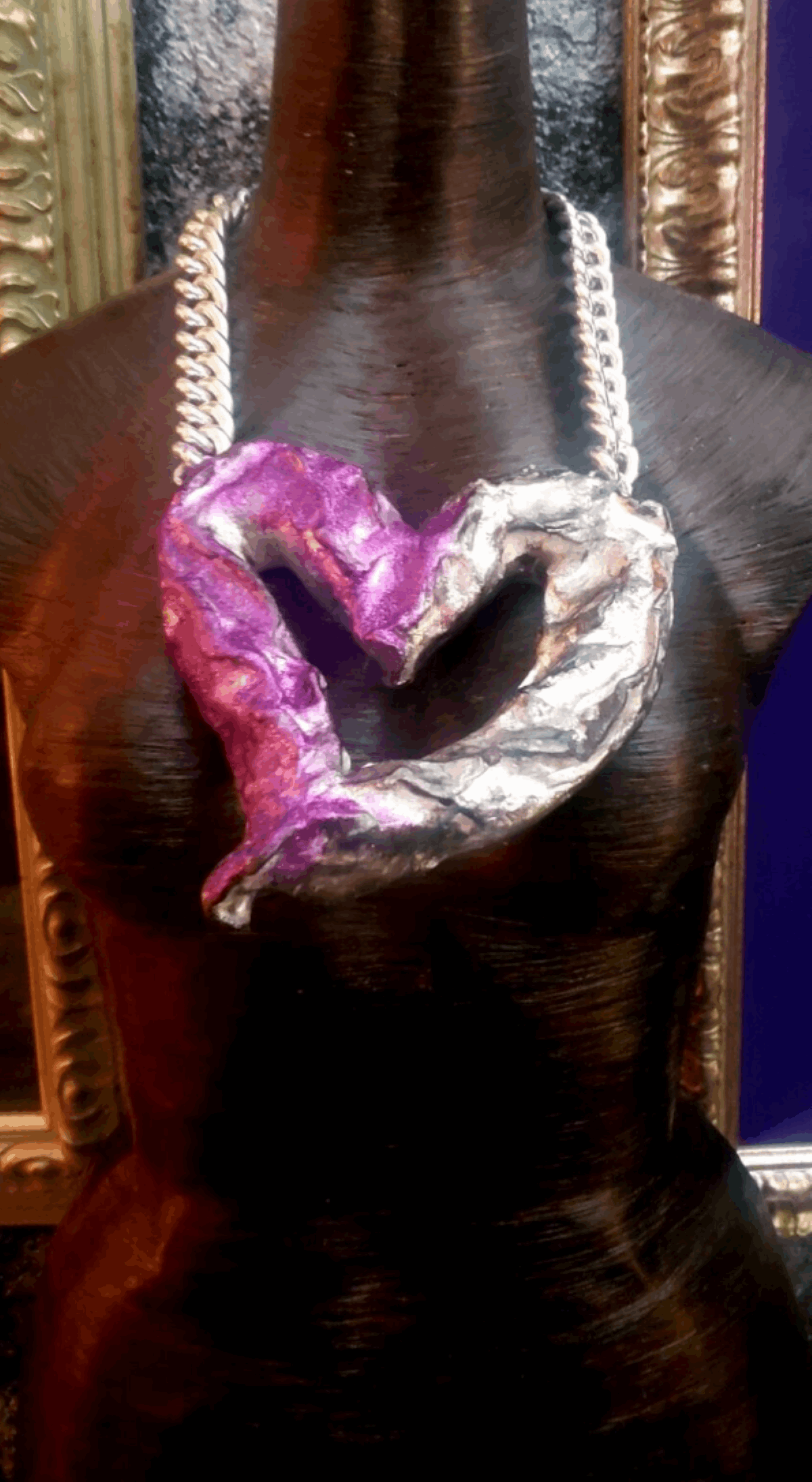 Avant Garde Sculpted Huge Heart Statement Pendant, Purple & Silver Love Chest Piece, Soul Talisman