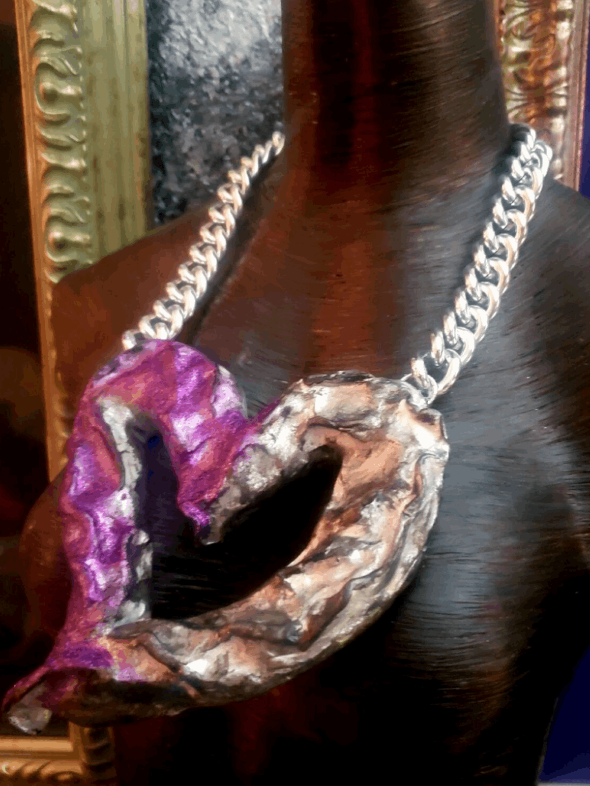 Avant Garde Sculpted Huge Heart Statement Pendant, Purple & Silver Love Chest Piece, Soul Talisman