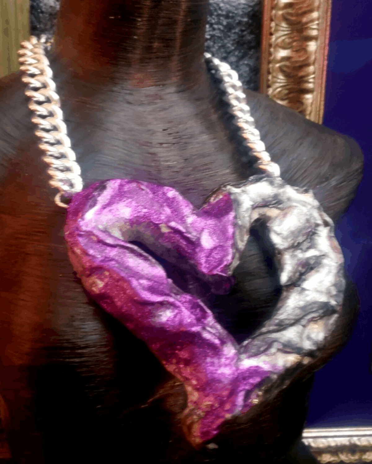 Avant Garde Sculpted Huge Heart Statement Pendant, Purple & Silver Love Chest Piece, Soul Talisman