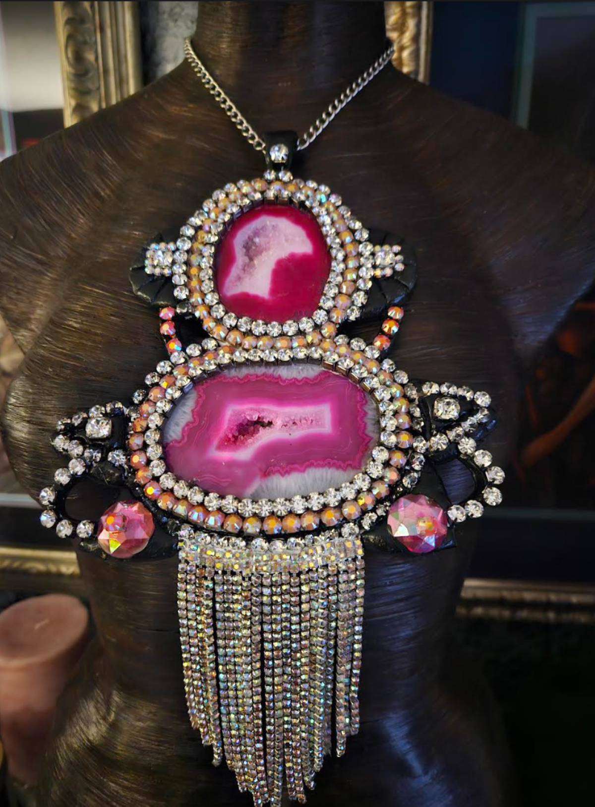 Pink Black & Silver Druzy Agate Rhinestone Art Deco Gemstone Pendant