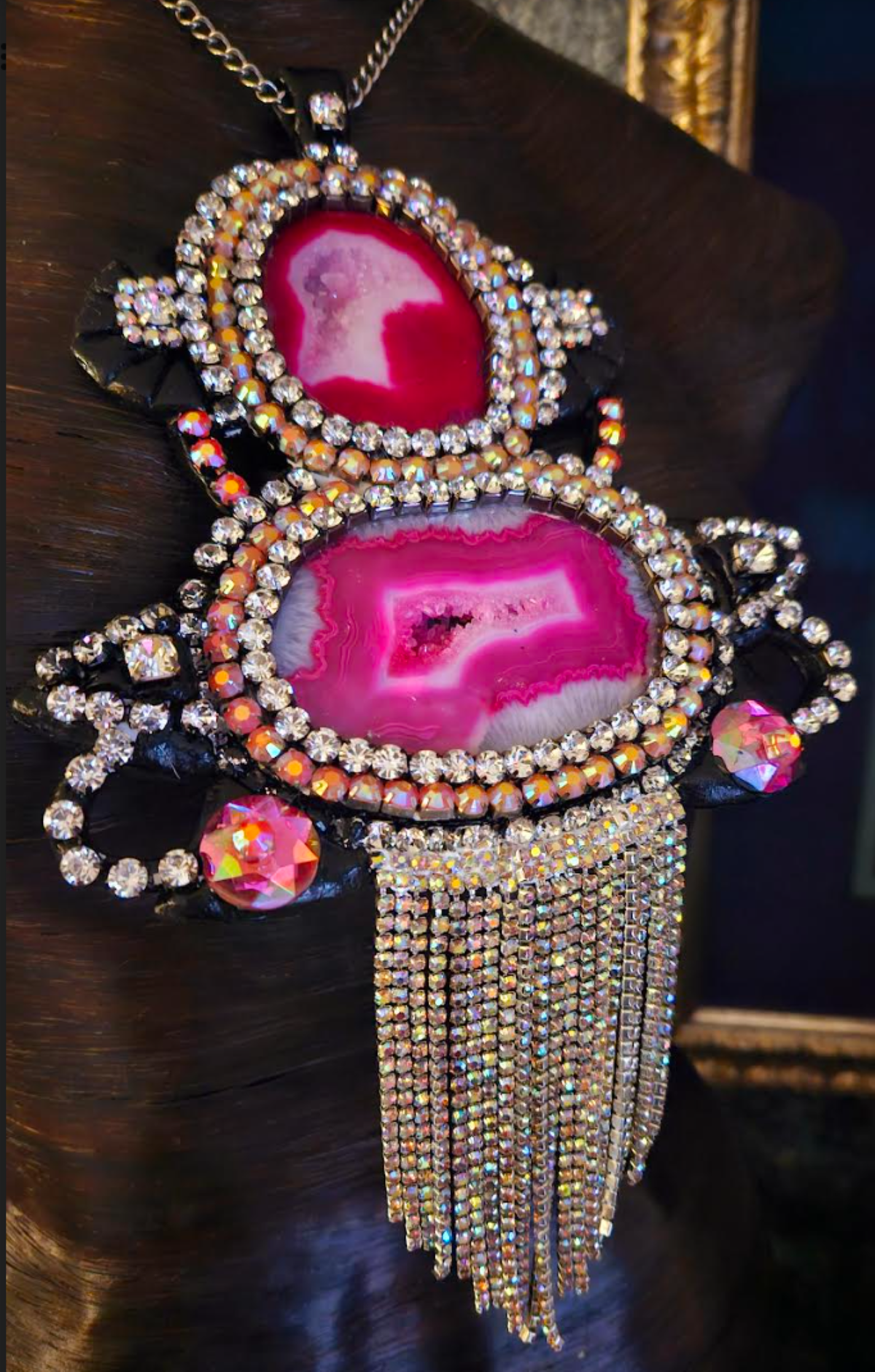 Pink Black & Silver Druzy Agate Rhinestone Art Deco Gemstone Pendant