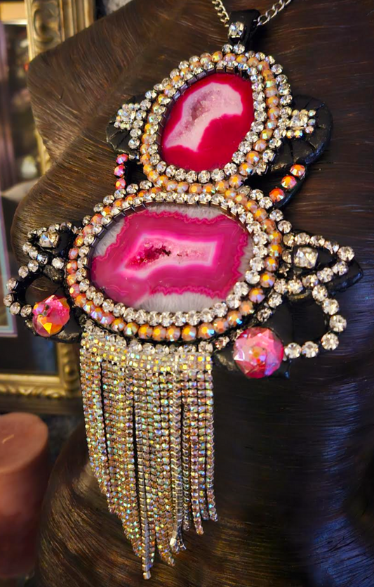 Druzy Agate Pendant - Art Deco Rhinestone Statement Piece