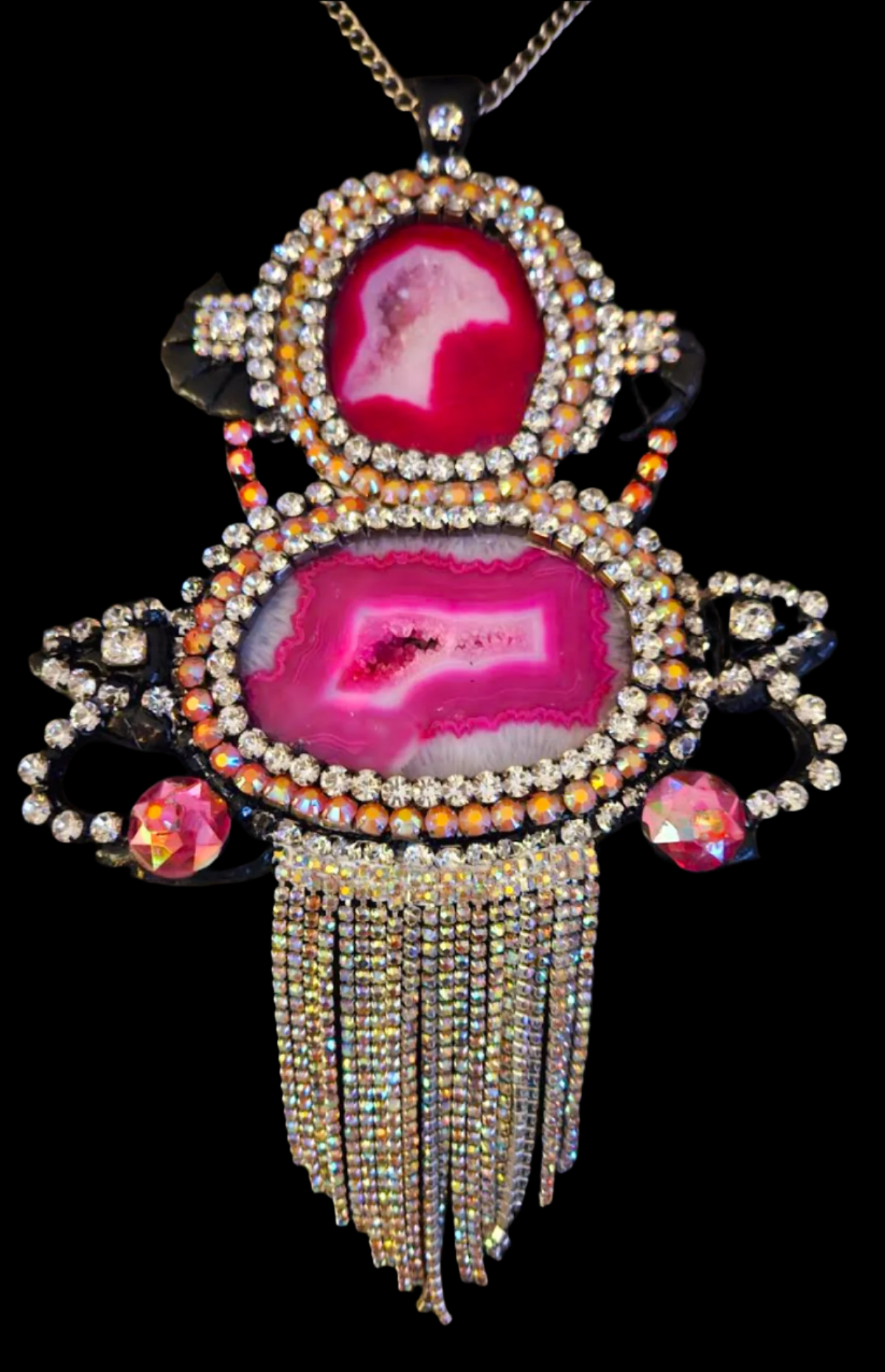 Pink Black & Silver Druzy Agate Rhinestone Art Deco Gemstone Pendant