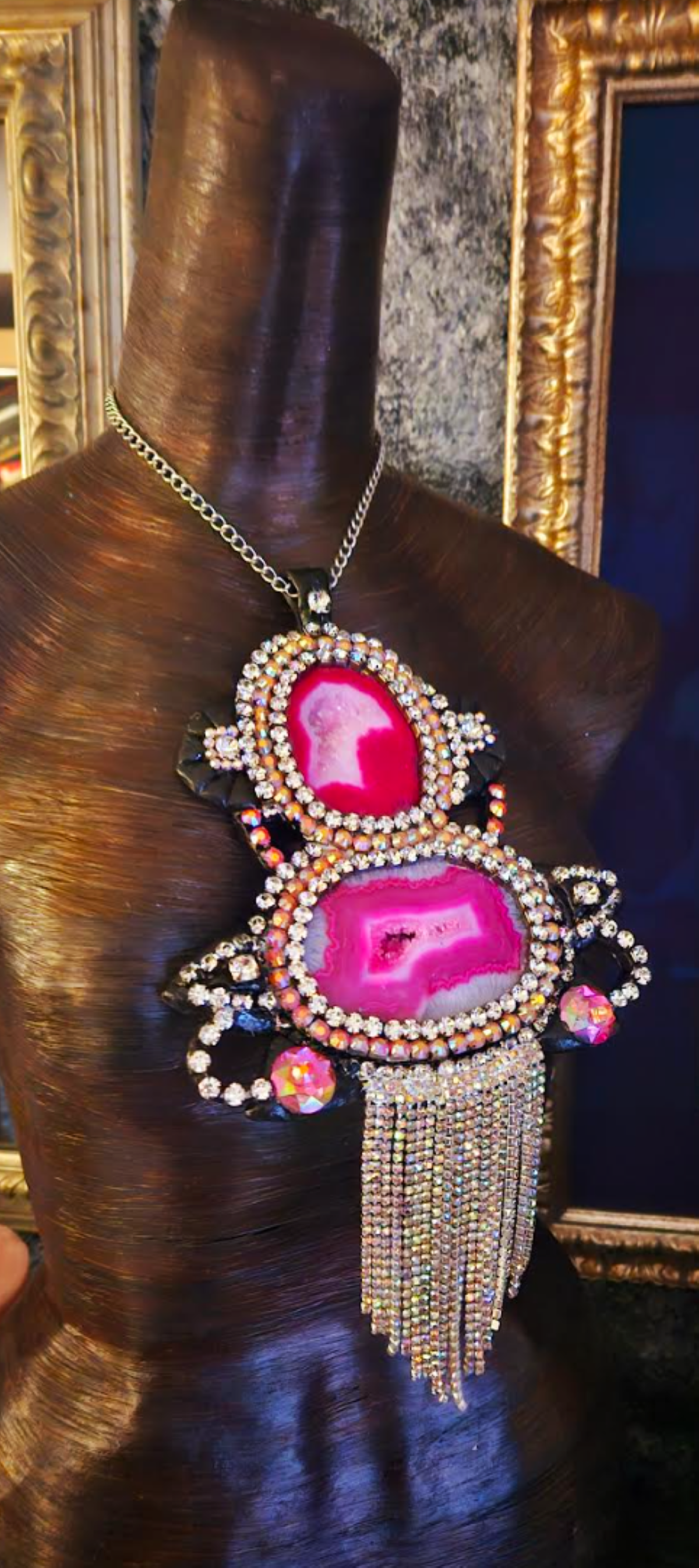 Pink Black & Silver Druzy Agate Rhinestone Art Deco Gemstone Pendant