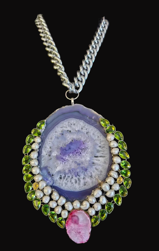 Huge Agate Pearl & Glass Statement Gemstone Pendant - Hip Hop Style
