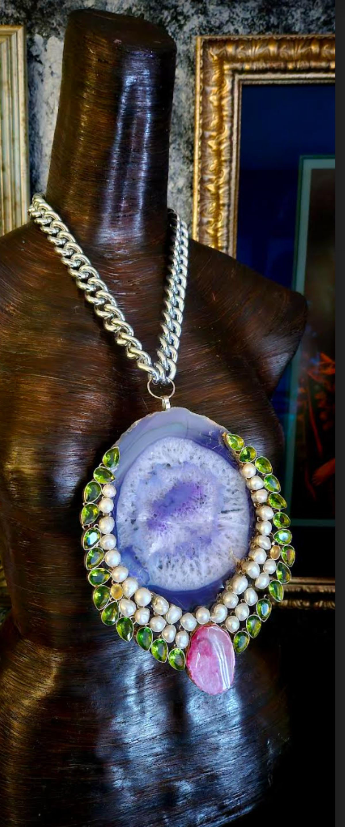 Huge Agate Pearl & Glass Statement Gemstone Pendant - Hip Hop Style
