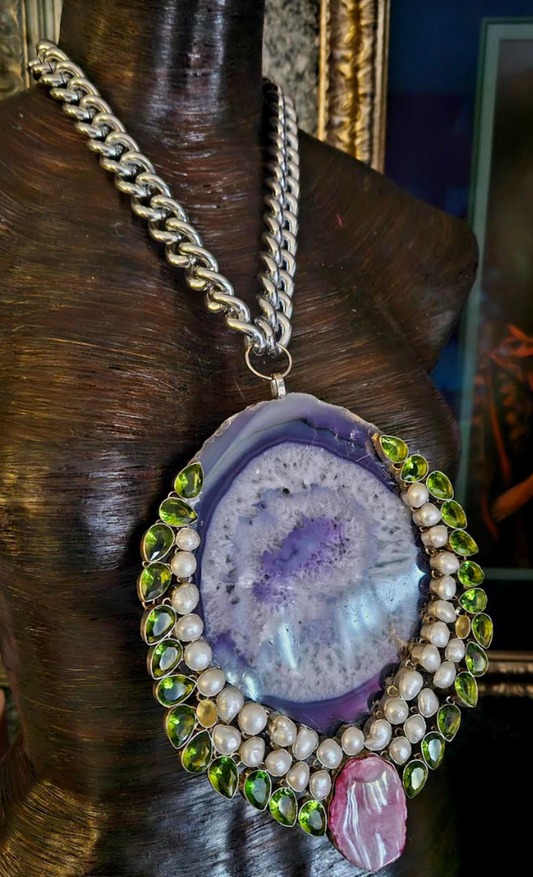 Huge Lavender Agate Pearl & Glass Statement Gemstone Pendant, Rapper V