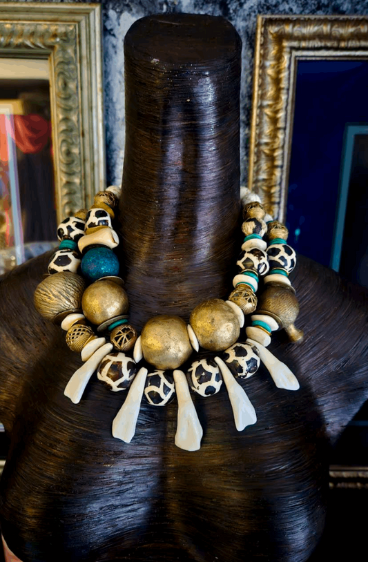 African Tribal Yoruba Brass Bone & Incisor Teeth Statement Necklace, Exotic Haute Couture Ethnic Neck Candy, Accessory Women of Color